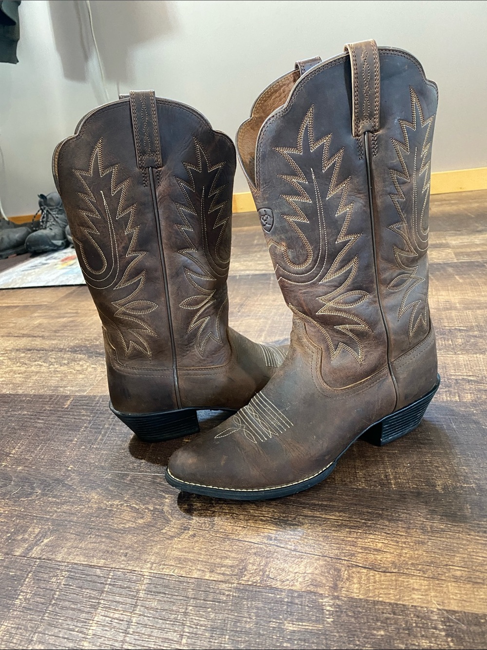 Ariat Distressed Brown Leather Western Boots with Stitch Detailing